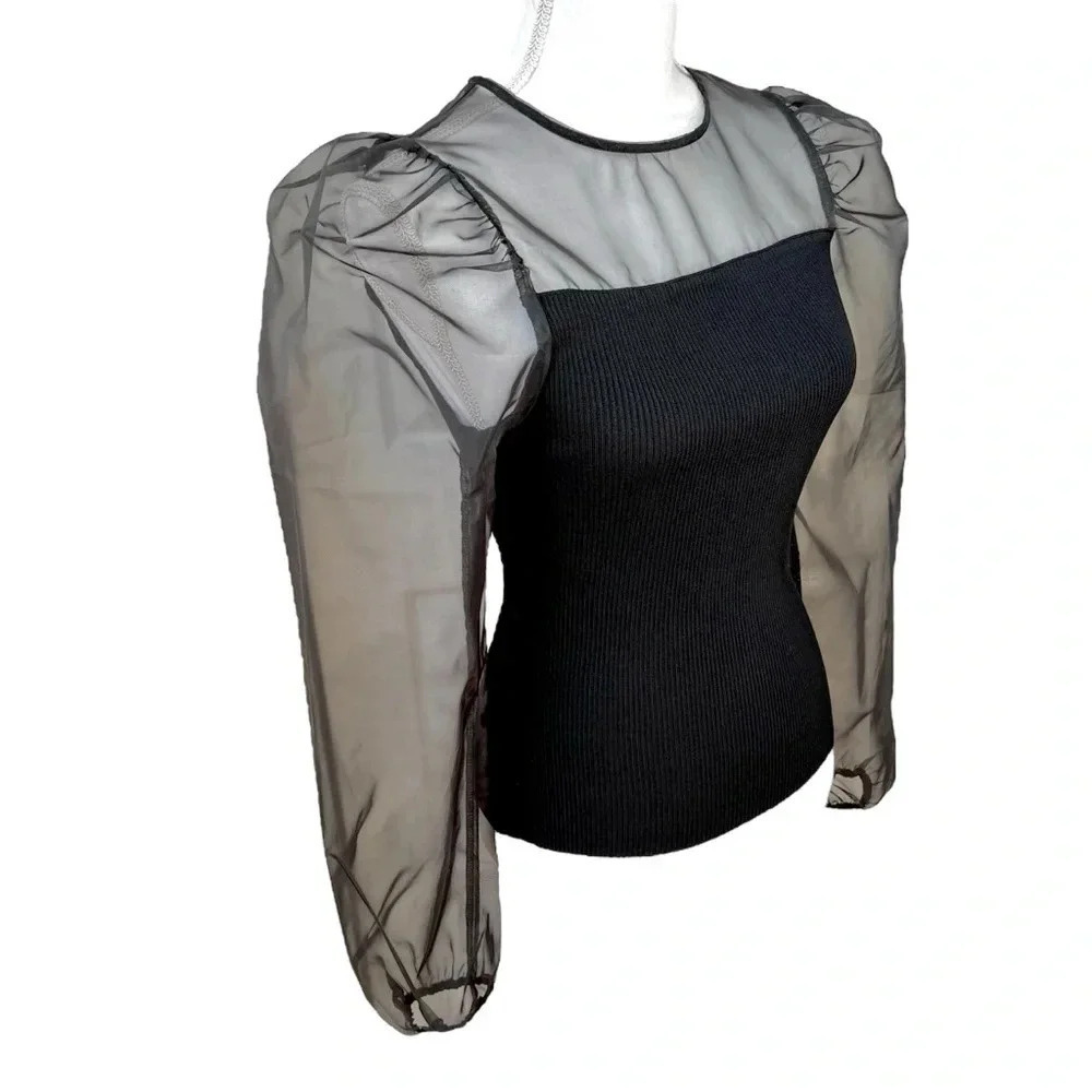 Black Sweater Top with Sheer Taffeta Long Balloon Sleeves Size S
